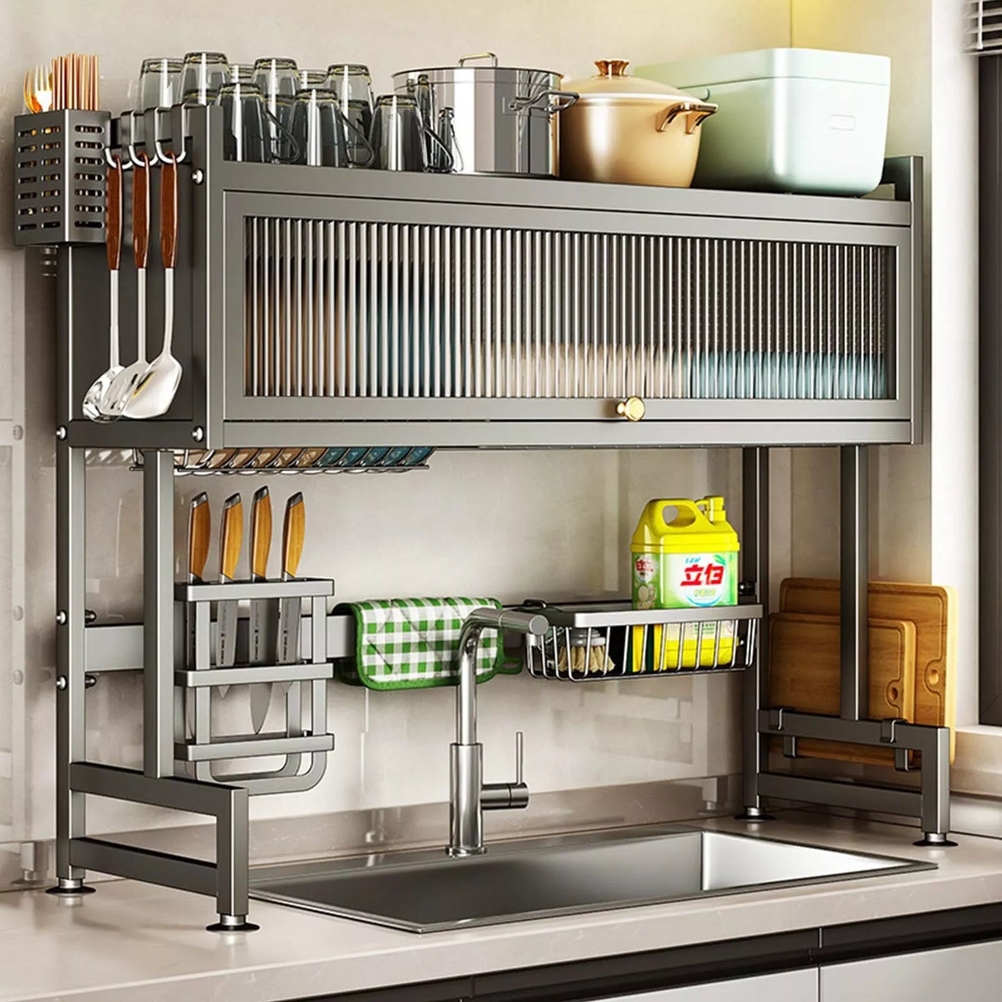 3-Tier Over-the-Sink Dish Drainer Rack with Cover Space-Saving Kitchen Organizer