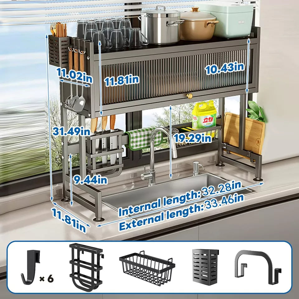 3-Tier Over-the-Sink Dish Drainer Rack with Cover Space-Saving Kitchen Organizer
