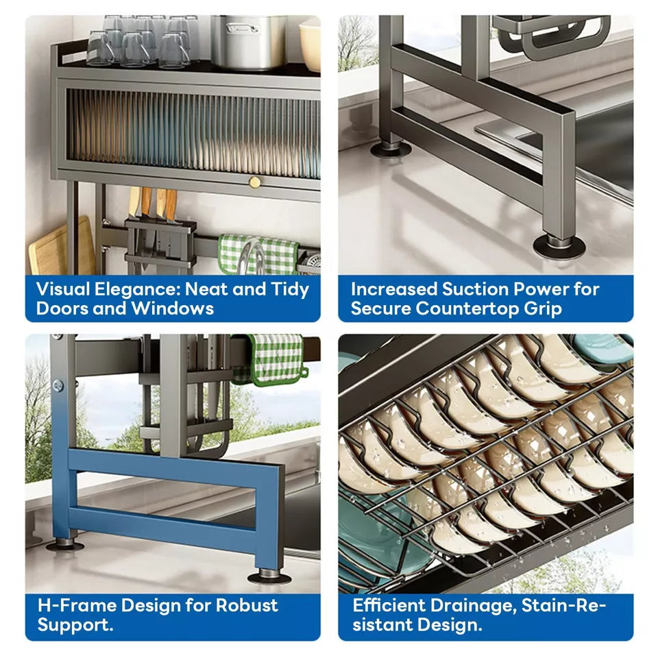 3-Tier Over-the-Sink Dish Drainer Rack with Cover Space-Saving Kitchen Organizer