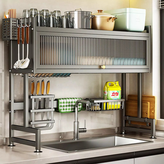 3-Tier Over-the-Sink Dish Drainer Rack with Cover Space-Saving Kitchen Organizer